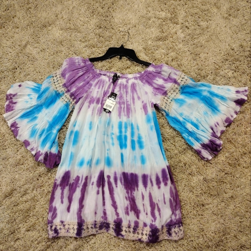 IKY & Me tie dyed embroidered inlays off shoulder top ptp 20 " L 29"